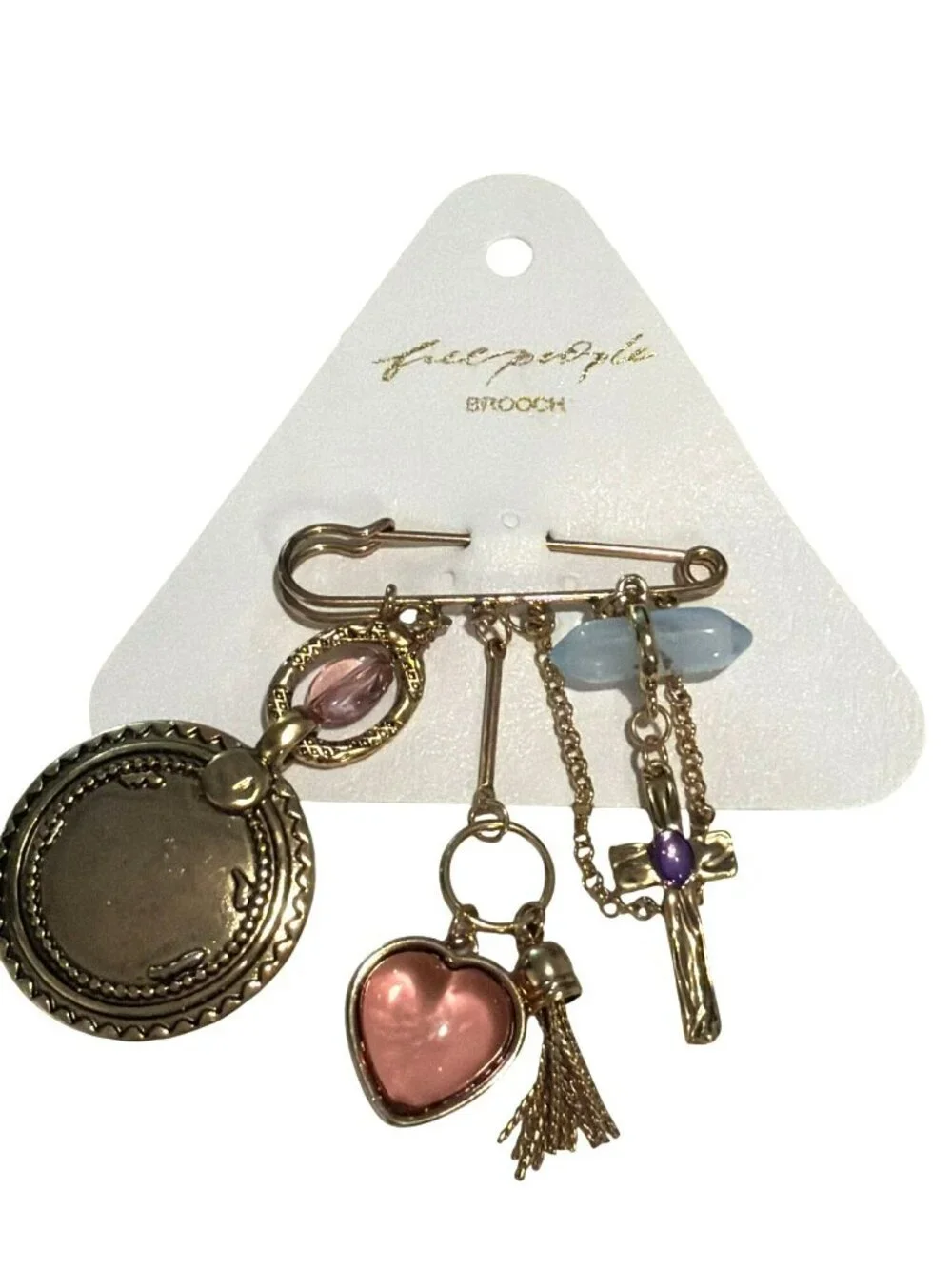 Free People Gold-Tone Charm Brooch With Heart Cross Tassel & Gemstone Accents